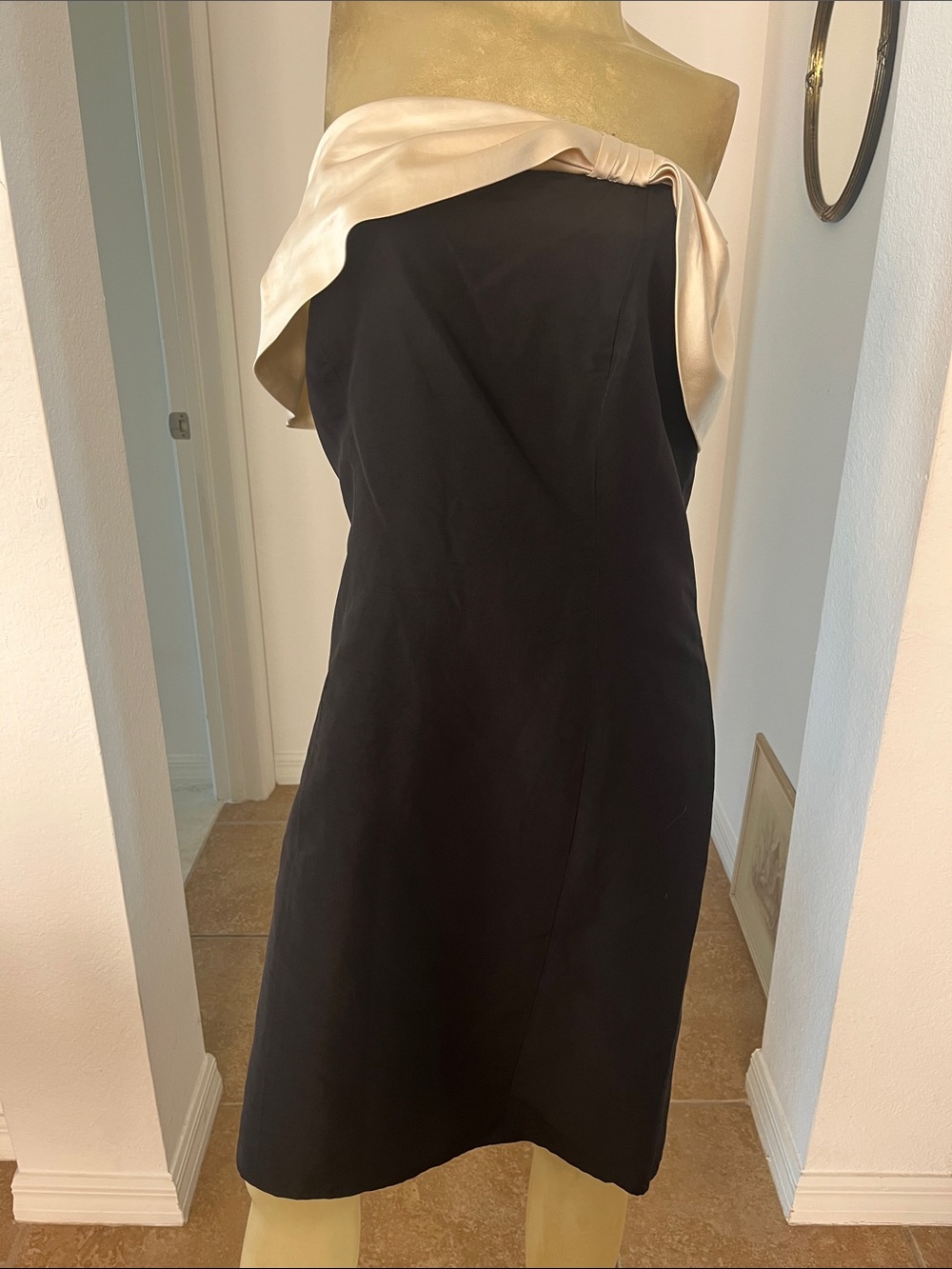 Teri Jon Ricki Freeman Black One-Shoulder Dress with Cream Satin Draped Detail